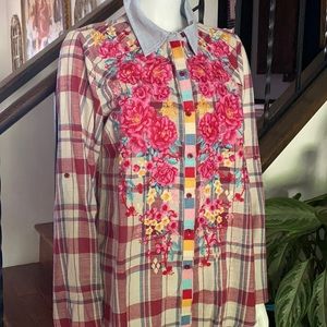 Quality floral embroidered flannel button up